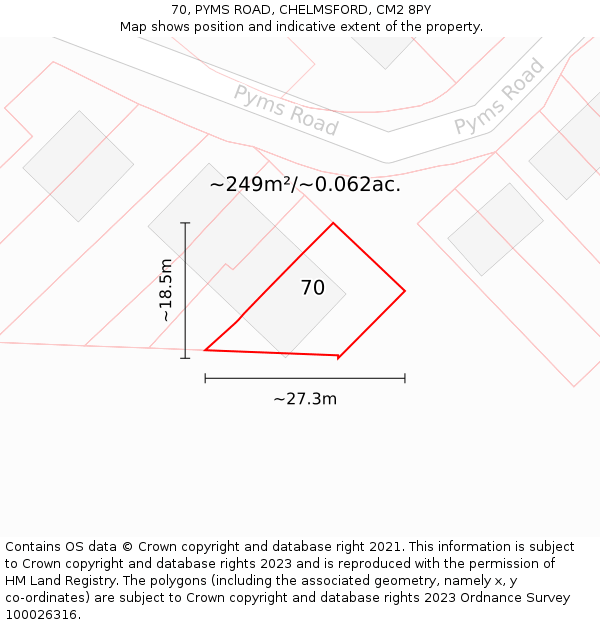 70, PYMS ROAD, CHELMSFORD, CM2 8PY: Plot and title map