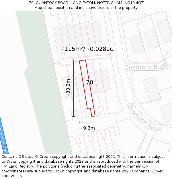 70, QUANTOCK ROAD, LONG EATON, NOTTINGHAM, NG10 4GZ: Plot and title map