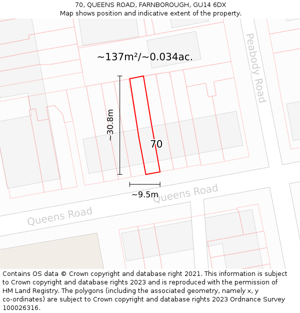 70, QUEENS ROAD, FARNBOROUGH, GU14 6DX: Plot and title map