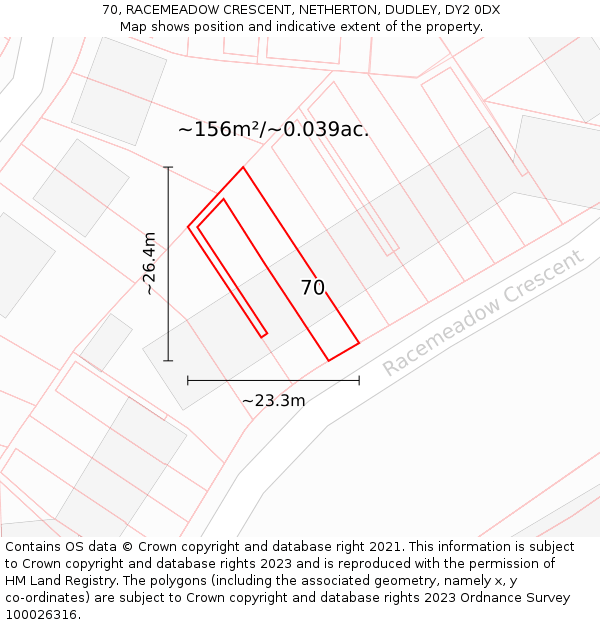 70, RACEMEADOW CRESCENT, NETHERTON, DUDLEY, DY2 0DX: Plot and title map