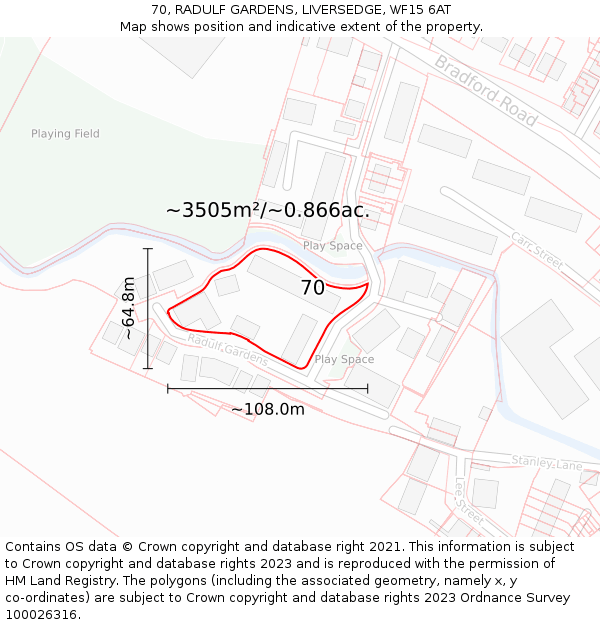 70, RADULF GARDENS, LIVERSEDGE, WF15 6AT: Plot and title map