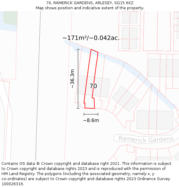 70, RAMERICK GARDENS, ARLESEY, SG15 6XZ: Plot and title map