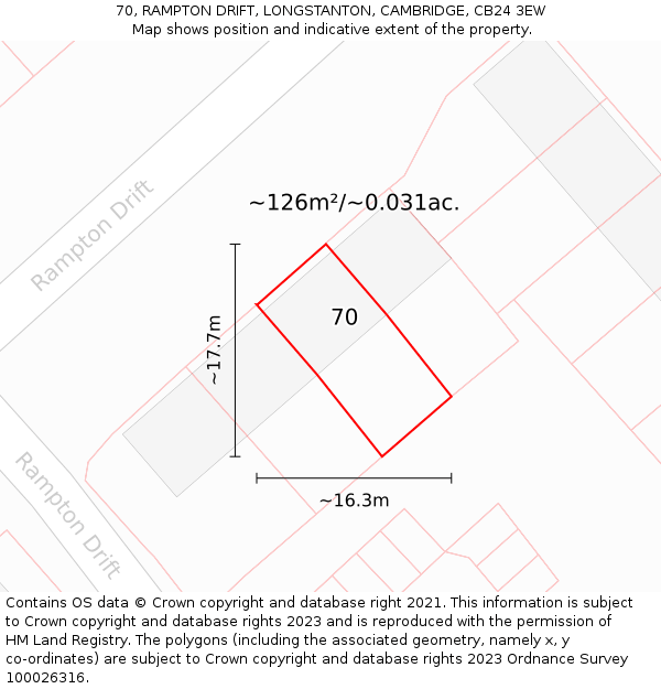 70, RAMPTON DRIFT, LONGSTANTON, CAMBRIDGE, CB24 3EW: Plot and title map