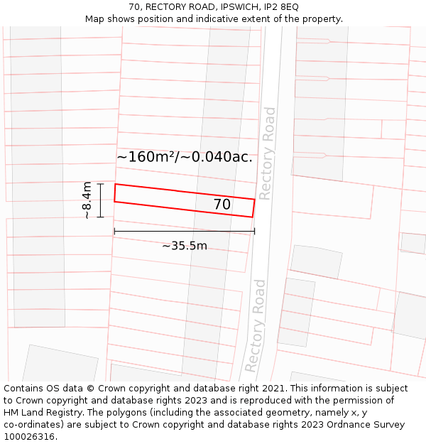 70, RECTORY ROAD, IPSWICH, IP2 8EQ: Plot and title map