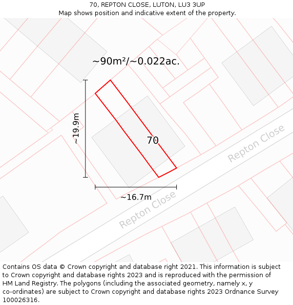 70, REPTON CLOSE, LUTON, LU3 3UP: Plot and title map