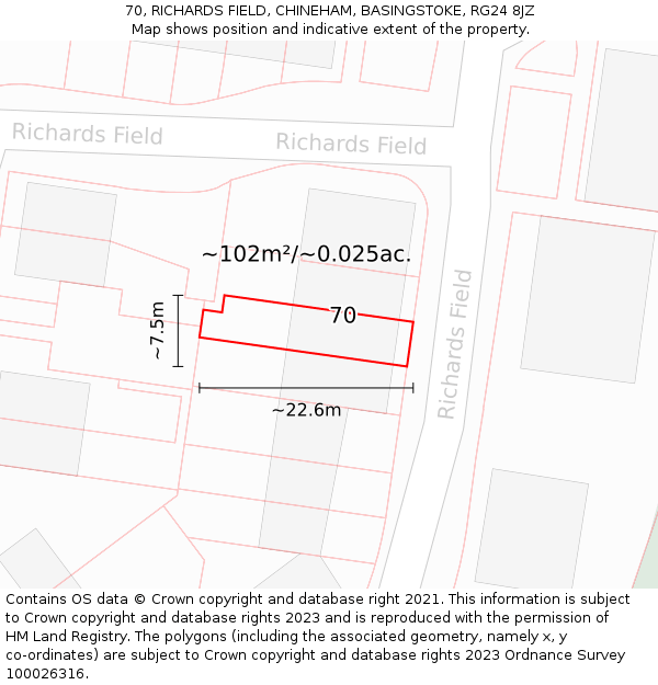 70, RICHARDS FIELD, CHINEHAM, BASINGSTOKE, RG24 8JZ: Plot and title map