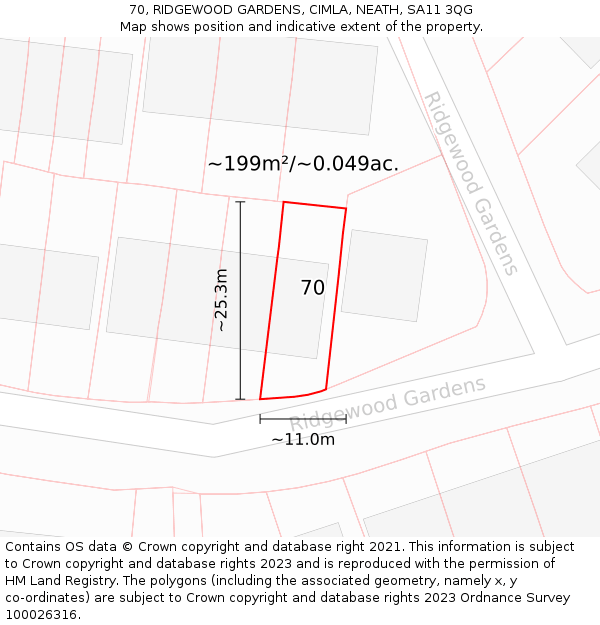 70, RIDGEWOOD GARDENS, CIMLA, NEATH, SA11 3QG: Plot and title map