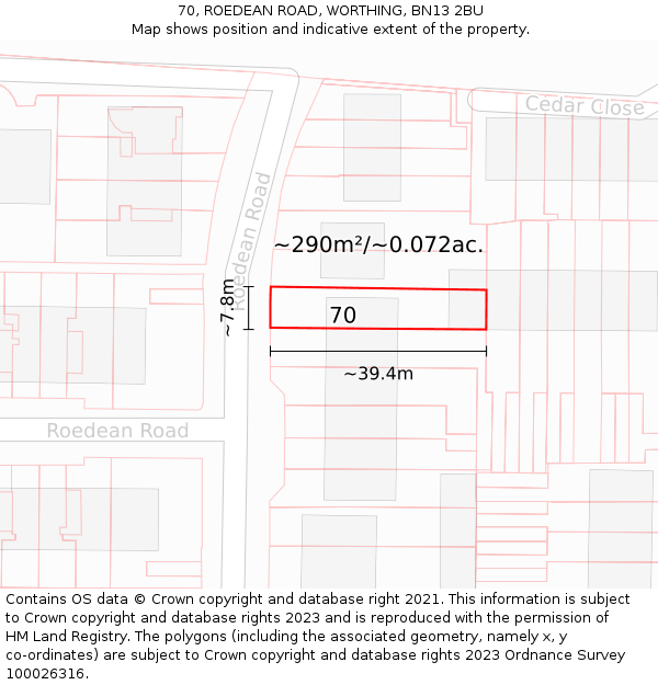 70, ROEDEAN ROAD, WORTHING, BN13 2BU: Plot and title map