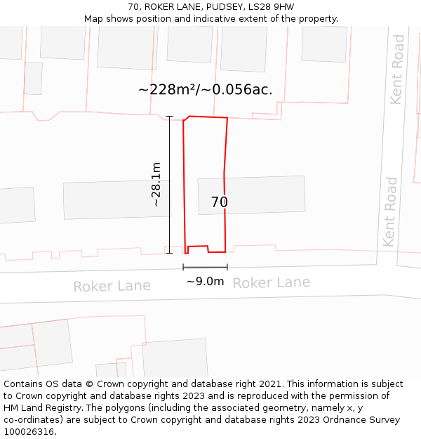 70, ROKER LANE, PUDSEY, LS28 9HW: Plot and title map