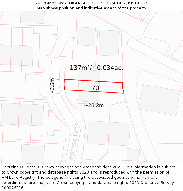 70, ROMAN WAY, HIGHAM FERRERS, RUSHDEN, NN10 8NS: Plot and title map