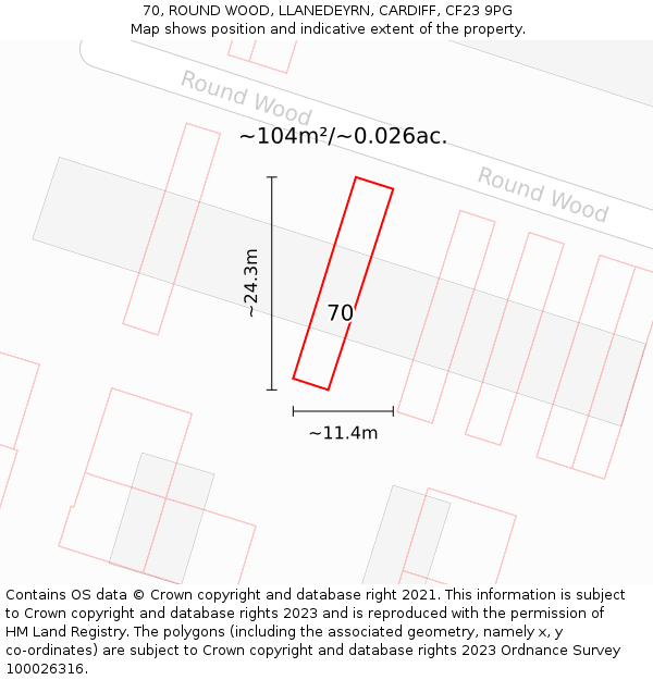 70, ROUND WOOD, LLANEDEYRN, CARDIFF, CF23 9PG: Plot and title map