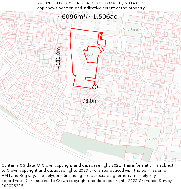 70, RYEFIELD ROAD, MULBARTON, NORWICH, NR14 8GS: Plot and title map