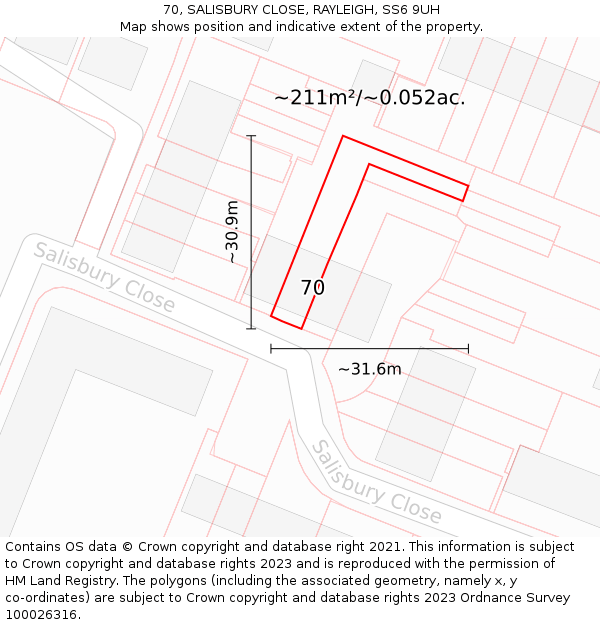 70, SALISBURY CLOSE, RAYLEIGH, SS6 9UH: Plot and title map