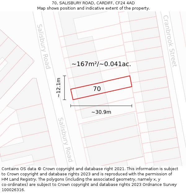 70, SALISBURY ROAD, CARDIFF, CF24 4AD: Plot and title map