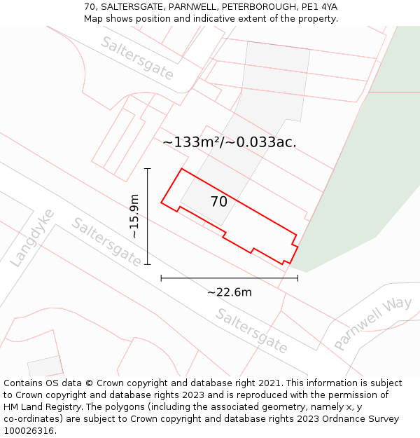 70, SALTERSGATE, PARNWELL, PETERBOROUGH, PE1 4YA: Plot and title map