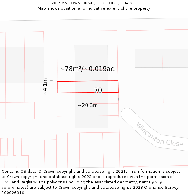 70, SANDOWN DRIVE, HEREFORD, HR4 9LU: Plot and title map