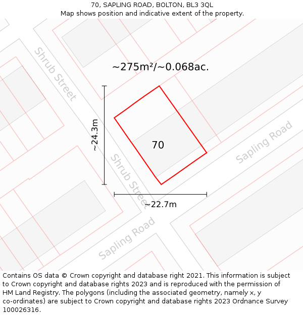 70, SAPLING ROAD, BOLTON, BL3 3QL: Plot and title map