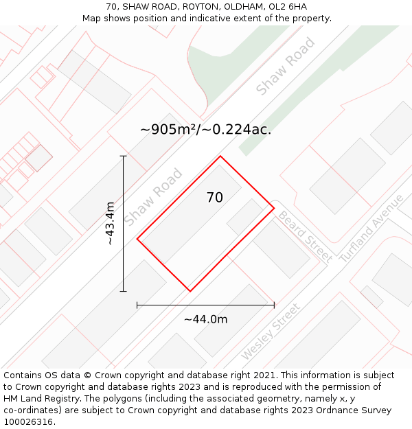 70, SHAW ROAD, ROYTON, OLDHAM, OL2 6HA: Plot and title map