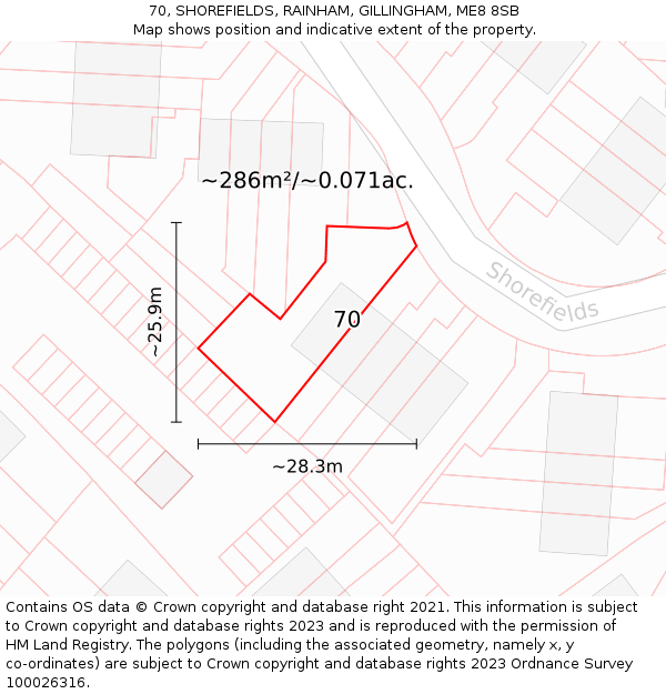 70, SHOREFIELDS, RAINHAM, GILLINGHAM, ME8 8SB: Plot and title map