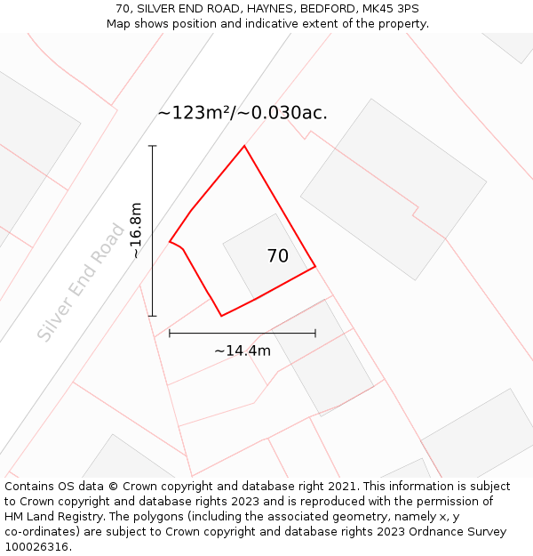 70, SILVER END ROAD, HAYNES, BEDFORD, MK45 3PS: Plot and title map