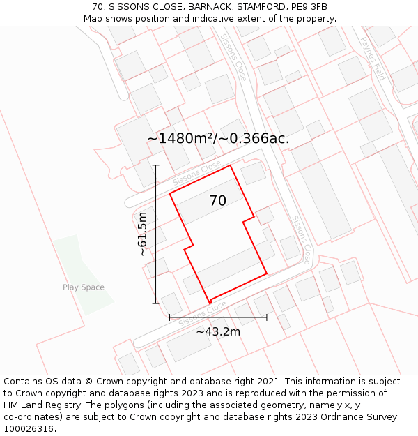 70, SISSONS CLOSE, BARNACK, STAMFORD, PE9 3FB: Plot and title map