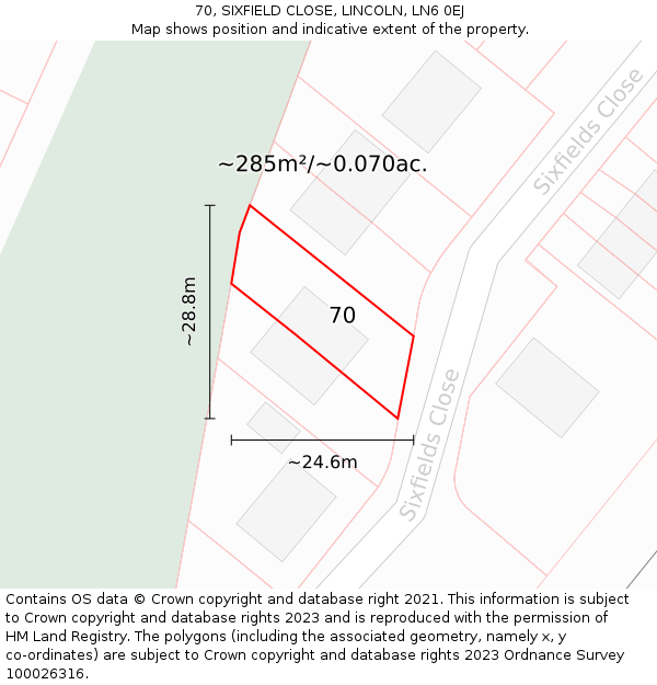 70, SIXFIELD CLOSE, LINCOLN, LN6 0EJ: Plot and title map