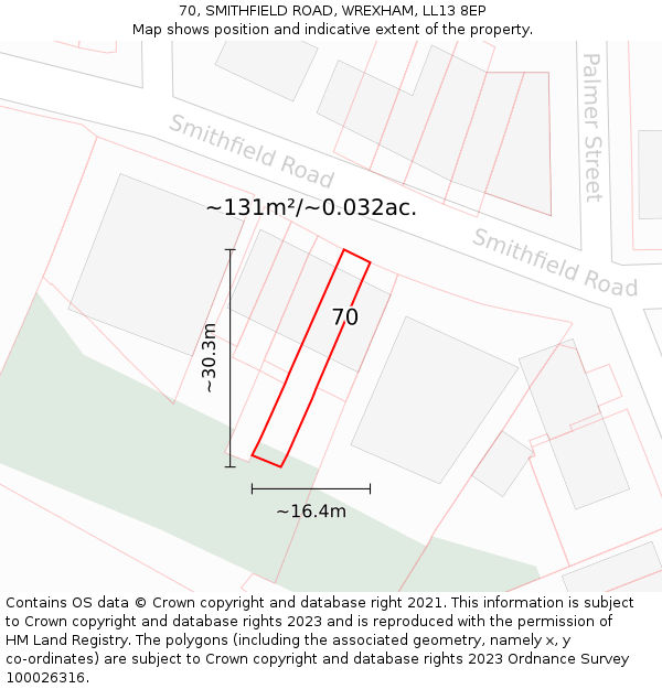 70, SMITHFIELD ROAD, WREXHAM, LL13 8EP: Plot and title map