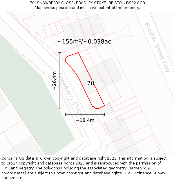 70, SNOWBERRY CLOSE, BRADLEY STOKE, BRISTOL, BS32 8GB: Plot and title map