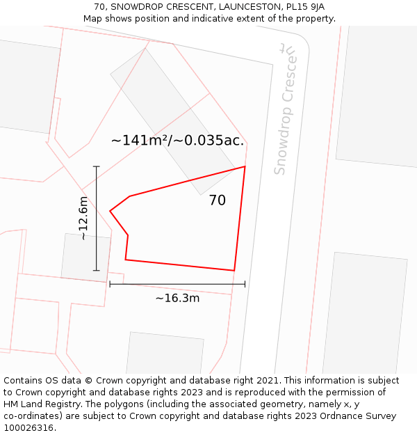 70, SNOWDROP CRESCENT, LAUNCESTON, PL15 9JA: Plot and title map