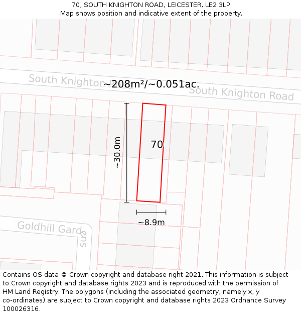 70, SOUTH KNIGHTON ROAD, LEICESTER, LE2 3LP: Plot and title map
