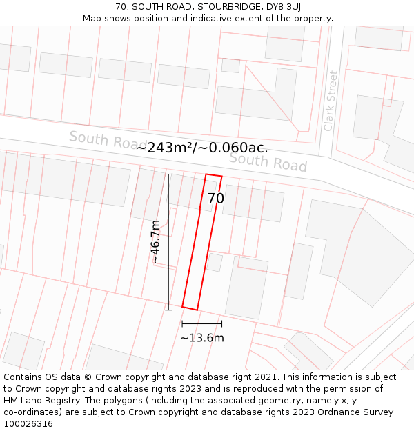 70, SOUTH ROAD, STOURBRIDGE, DY8 3UJ: Plot and title map