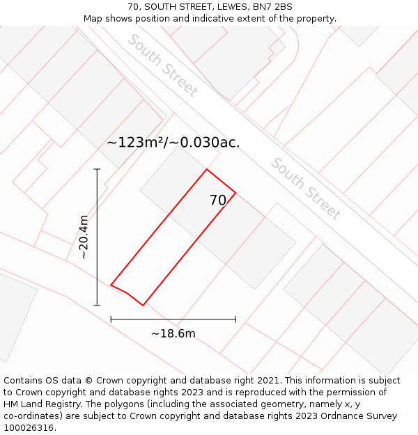 70, SOUTH STREET, LEWES, BN7 2BS: Plot and title map