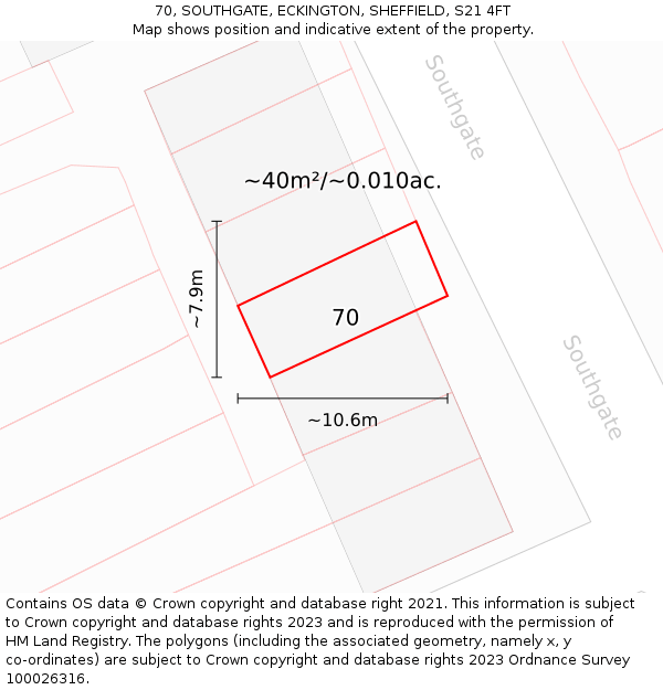 70, SOUTHGATE, ECKINGTON, SHEFFIELD, S21 4FT: Plot and title map