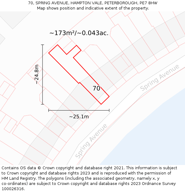 70, SPRING AVENUE, HAMPTON VALE, PETERBOROUGH, PE7 8HW: Plot and title map