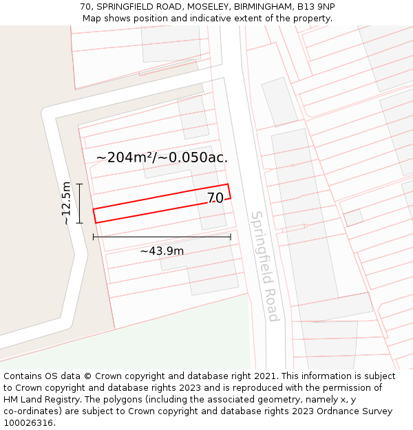 70, SPRINGFIELD ROAD, MOSELEY, BIRMINGHAM, B13 9NP: Plot and title map