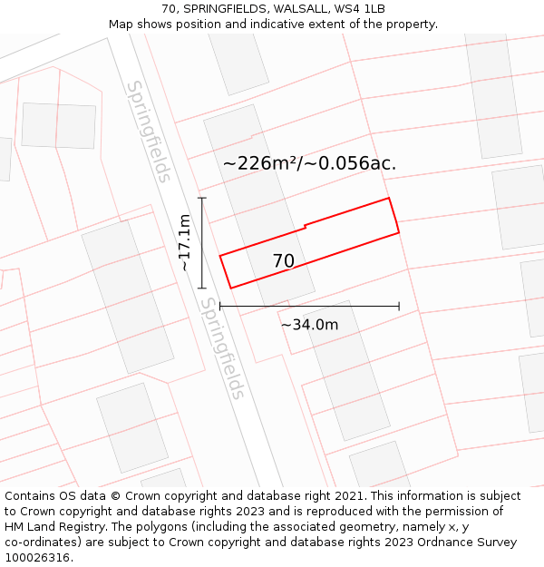 70, SPRINGFIELDS, WALSALL, WS4 1LB: Plot and title map