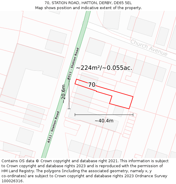 70, STATION ROAD, HATTON, DERBY, DE65 5EL: Plot and title map