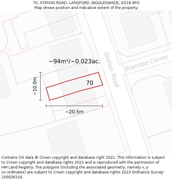 70, STATION ROAD, LANGFORD, BIGGLESWADE, SG18 9PG: Plot and title map