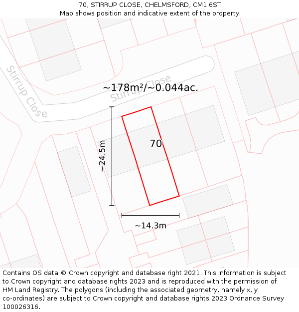 70, STIRRUP CLOSE, CHELMSFORD, CM1 6ST: Plot and title map
