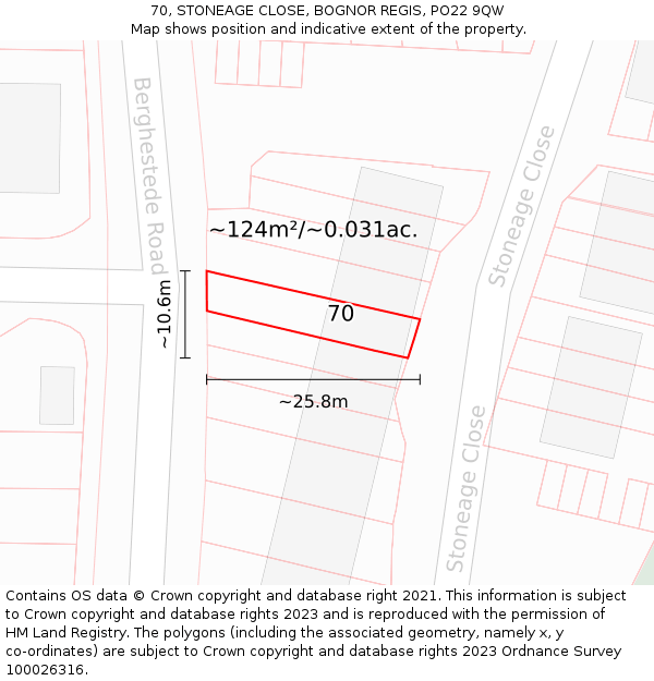 70, STONEAGE CLOSE, BOGNOR REGIS, PO22 9QW: Plot and title map