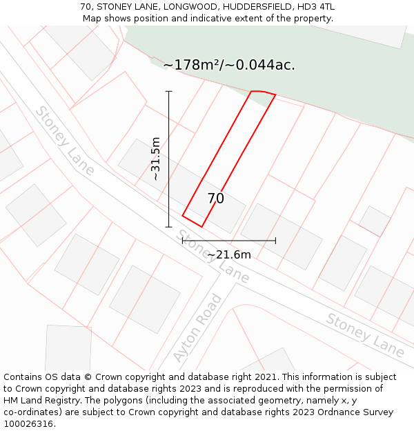 70, STONEY LANE, LONGWOOD, HUDDERSFIELD, HD3 4TL: Plot and title map