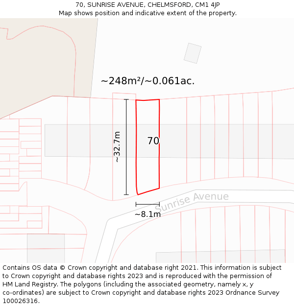 70, SUNRISE AVENUE, CHELMSFORD, CM1 4JP: Plot and title map