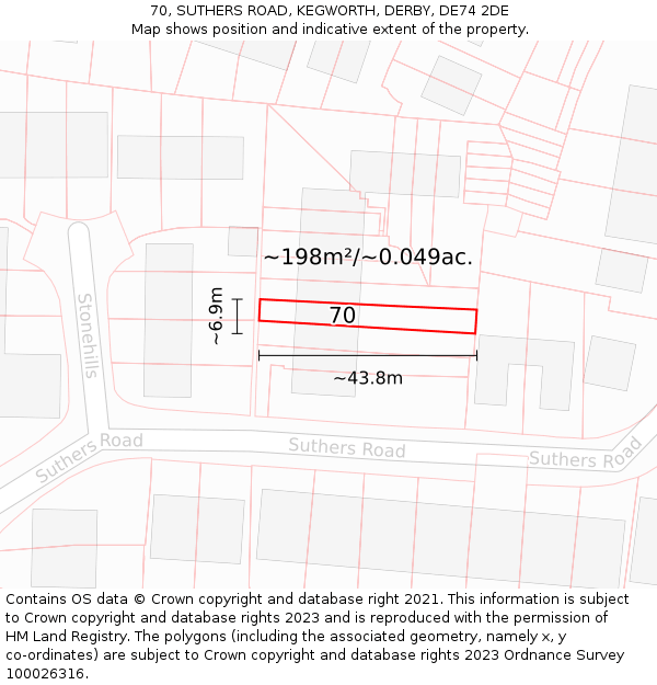 70, SUTHERS ROAD, KEGWORTH, DERBY, DE74 2DE: Plot and title map