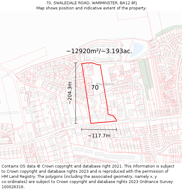 70, SWALEDALE ROAD, WARMINSTER, BA12 8FJ: Plot and title map