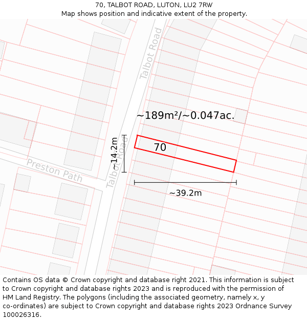 70, TALBOT ROAD, LUTON, LU2 7RW: Plot and title map