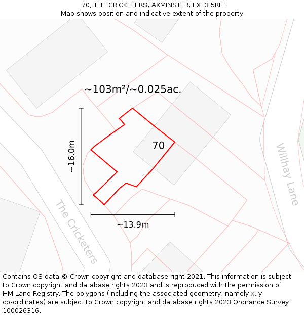70, THE CRICKETERS, AXMINSTER, EX13 5RH: Plot and title map