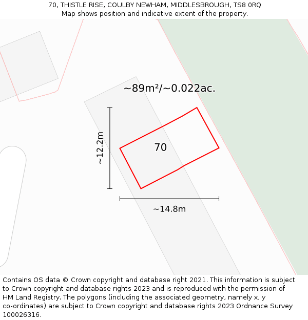70, THISTLE RISE, COULBY NEWHAM, MIDDLESBROUGH, TS8 0RQ: Plot and title map