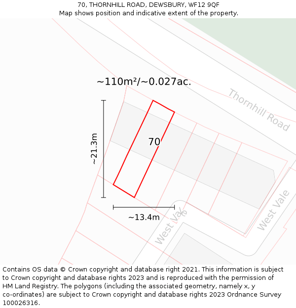 70, THORNHILL ROAD, DEWSBURY, WF12 9QF: Plot and title map