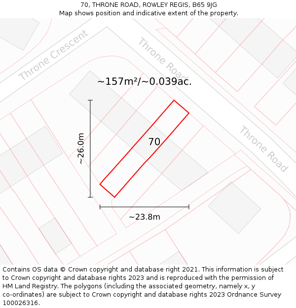 70, THRONE ROAD, ROWLEY REGIS, B65 9JG: Plot and title map