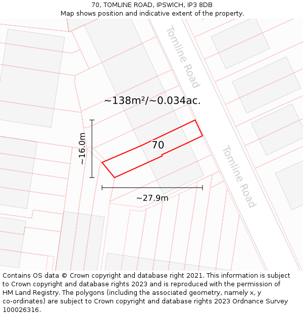 70, TOMLINE ROAD, IPSWICH, IP3 8DB: Plot and title map